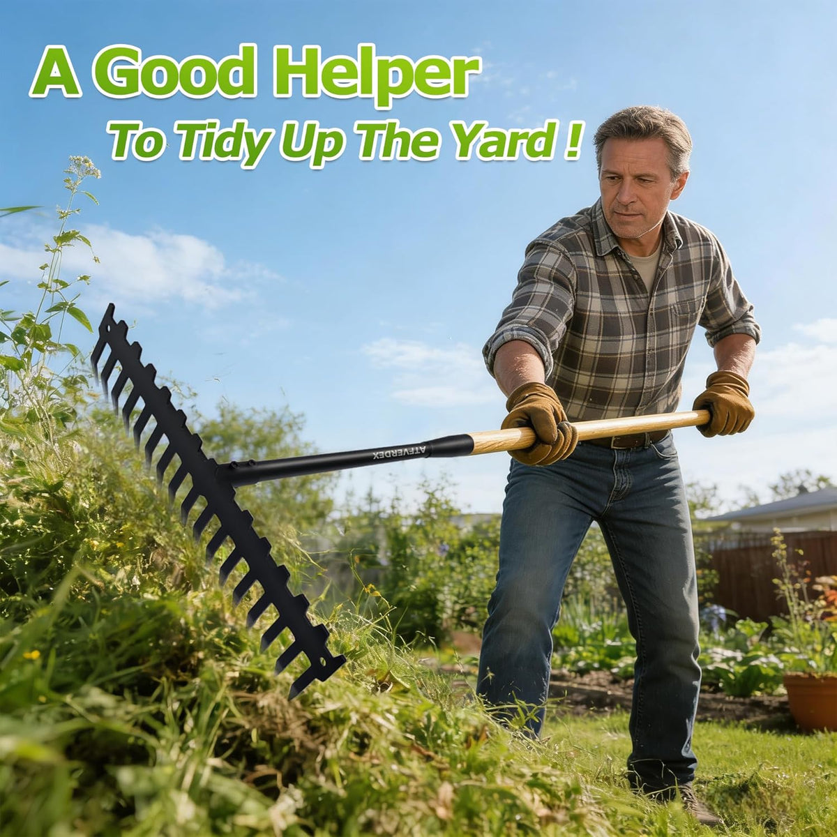 Garden Rake, 60" Wooden Handle with 17-Tine Metal Bow Rake, Secure Fit | Stop Back Pain! Rock Rake Heavy Duty for