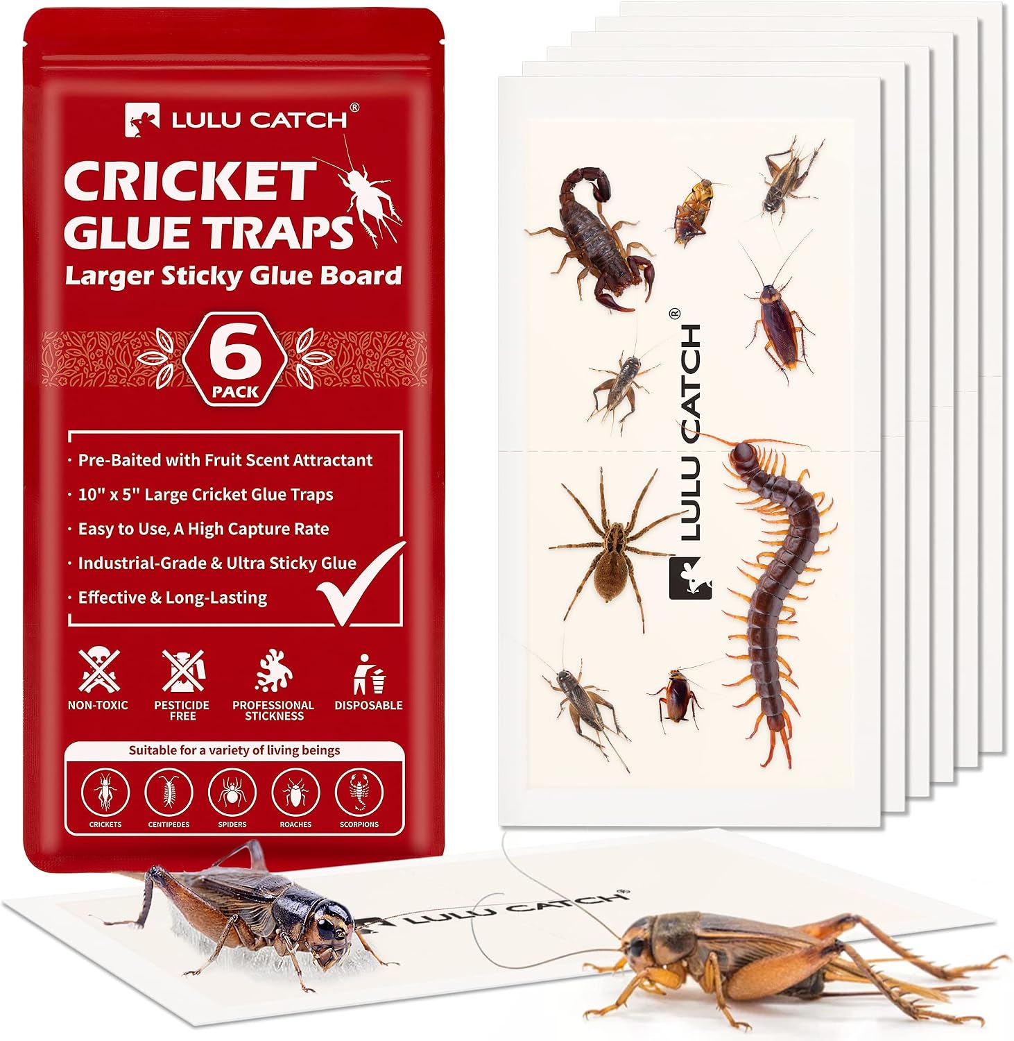 Cricket Insect Glue Traps - 6 Pack Bug Cockroach Sticky Traps, Large Spider Trap with Pre-Baited Attractant, Highly