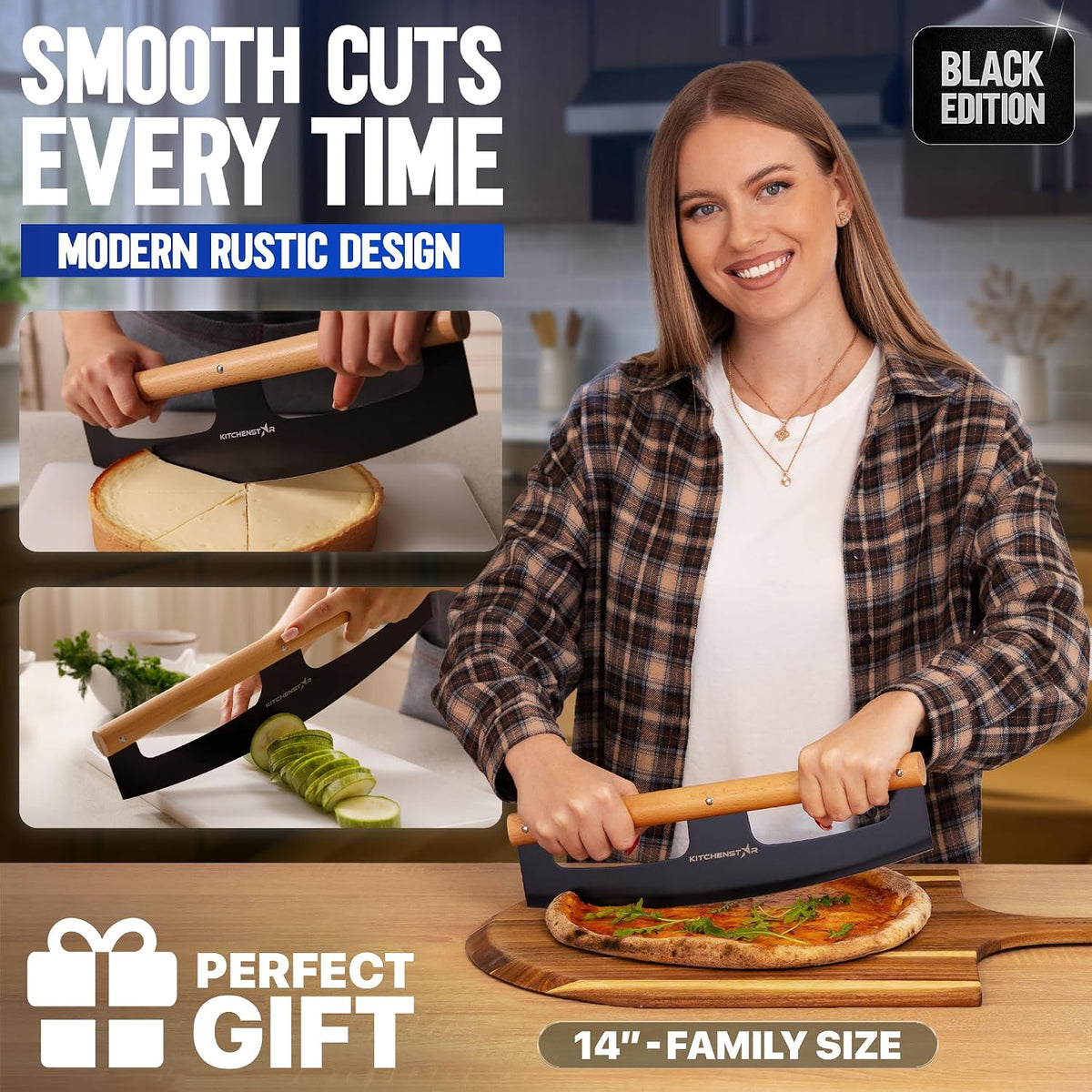 14-Inch Pizza Cutter Rocker Blade, 304 Stainless Steel Knife, Wooden Handle