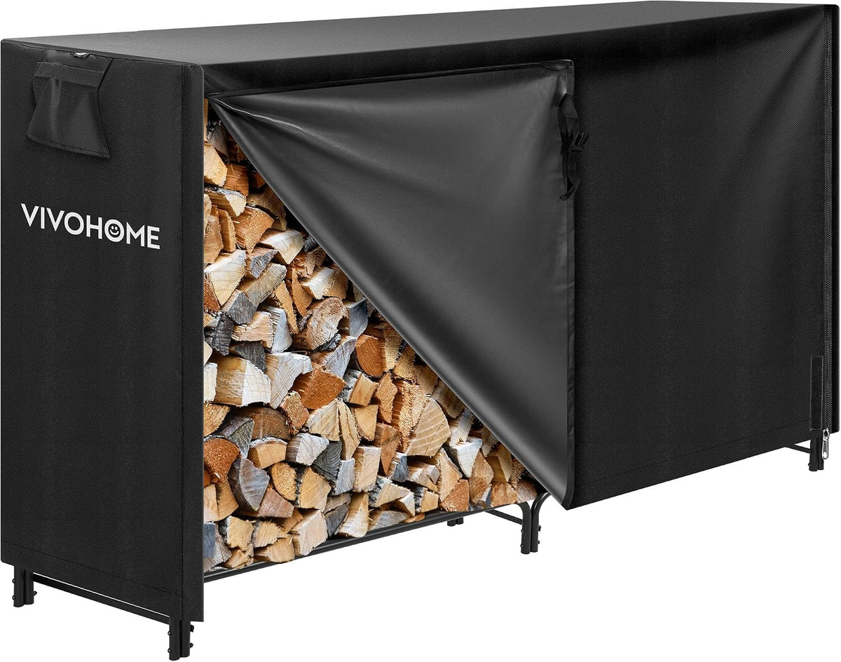 6 ft Heavy Duty Firewood Rack Outdoor with Cover, Black | Fire Wood Storage Rack, Log Holder and Cover Combo Set with