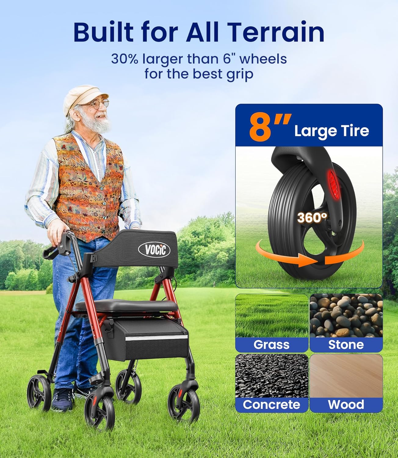 Walkers for Seniors, Z21 Rollator Walker with Seat Supports 350lb, 8" Big Wheels for All Terrain, Ergonomic Arc Seat