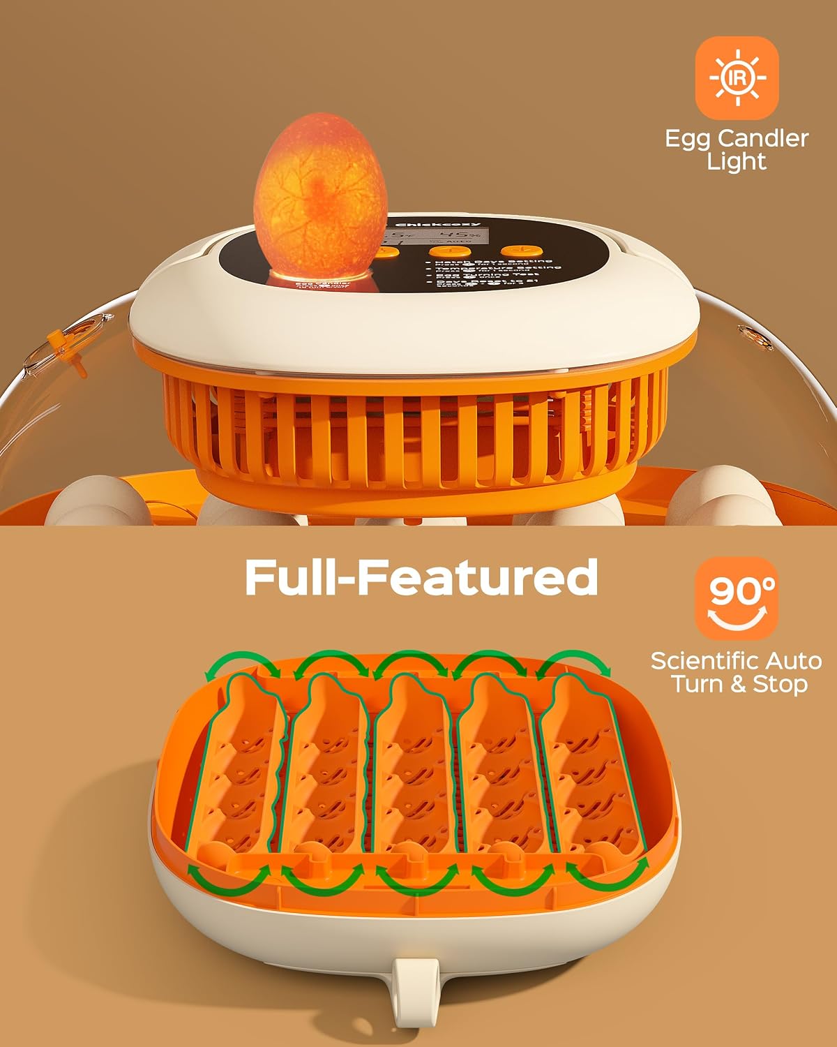 25 Egg Incubator, Automatic Egg Turner with Thermometer Seat and Humidity Control, Egg Candler, 360° View with Clear