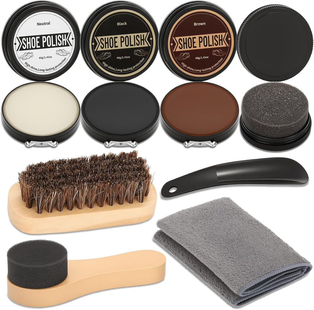 Leather Shoe Polish Kit- Shoe Shine Gift for Men with Black Brown Neutral Shoe Polish Horsehair Brush Sponge Cloth
