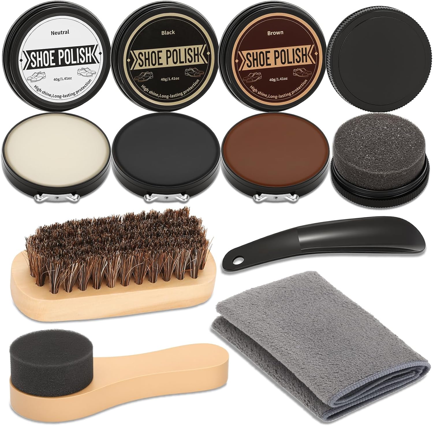 Leather Shoe Polish Kit- Shoe Shine Gift for Men with Black Brown Neutral Shoe Polish Horsehair Brush Sponge Cloth