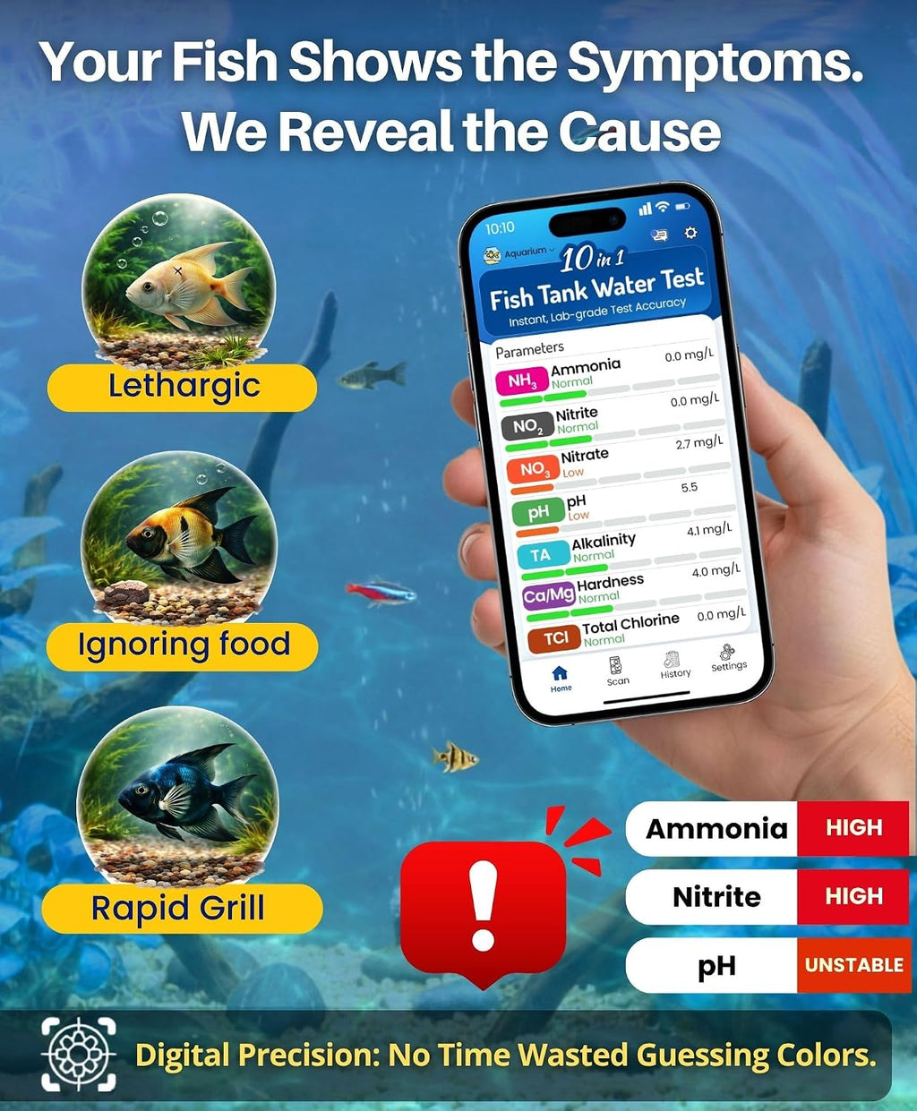 Digital Aquarium Water Test Kit, App-Enabled 10-in-1 Fish Tank Test Kit for Freshwater & Saltwater, Aquarium Test