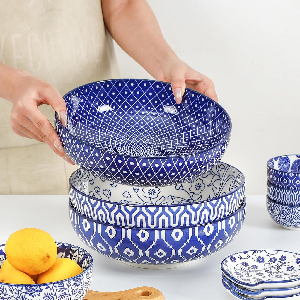 60 OZ Ceramic Serving Bowls, Set of 3, Vintage Blue