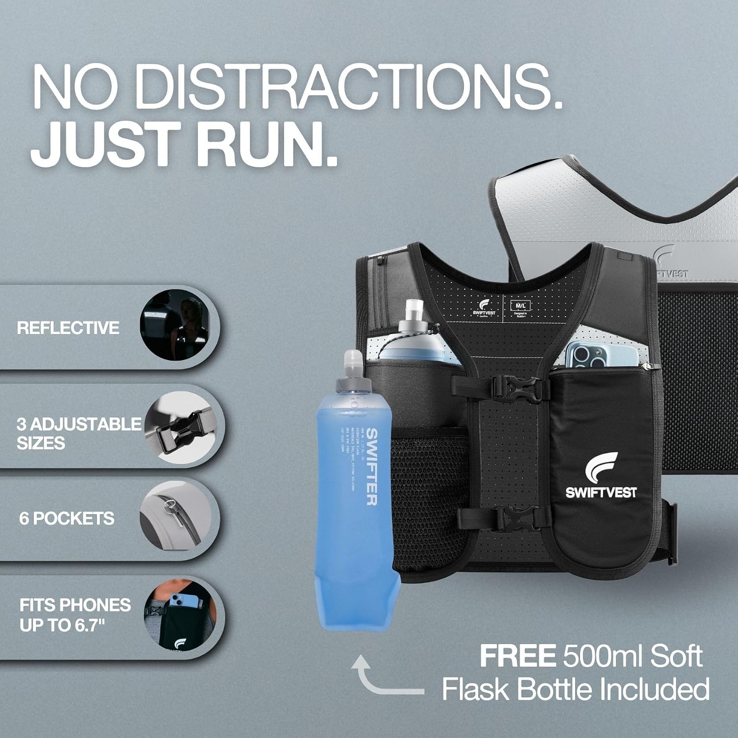 Running Phone Holder Vest with 500ml/17oz Water Bottle | Reflective Hydration Vest | Adjustable | Light | 6 Pockets