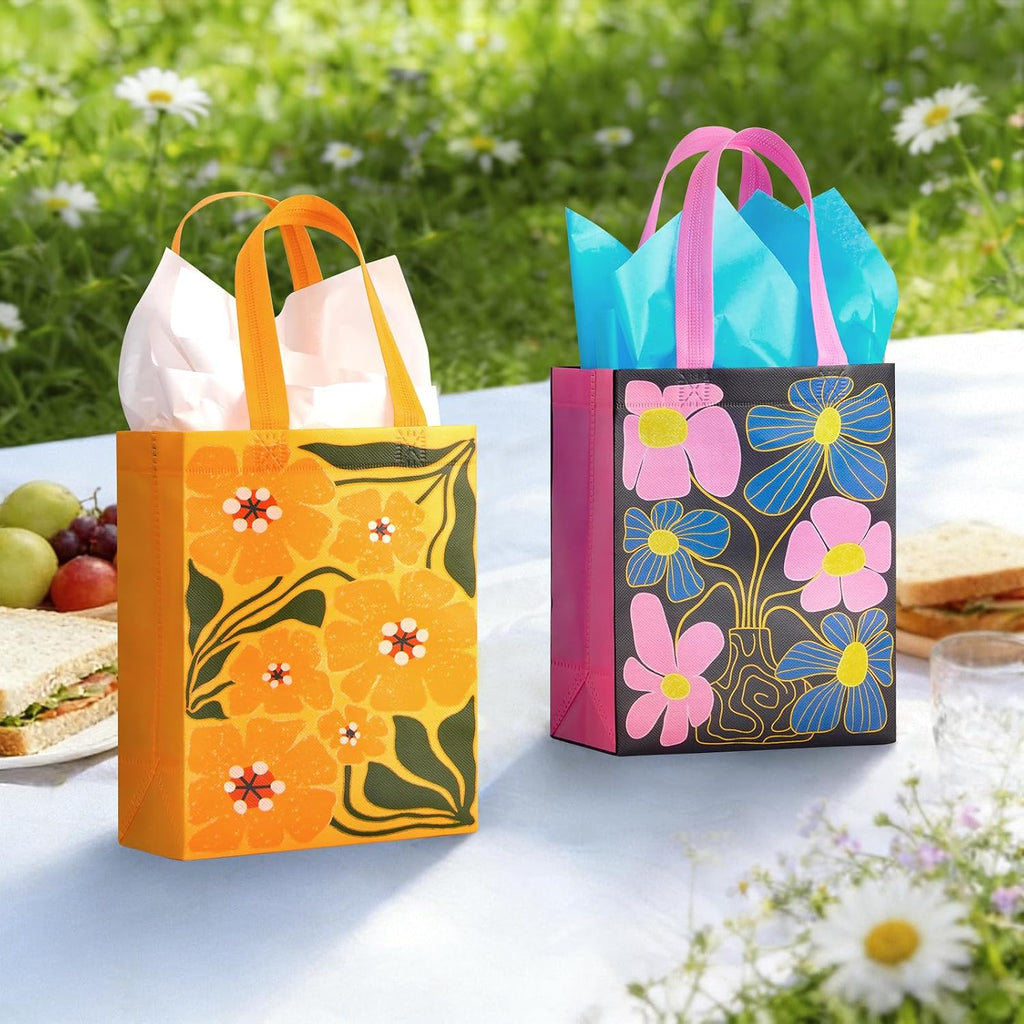 12 Pack 10" Floral Non-Woven Gift Bags with Tissue Paper