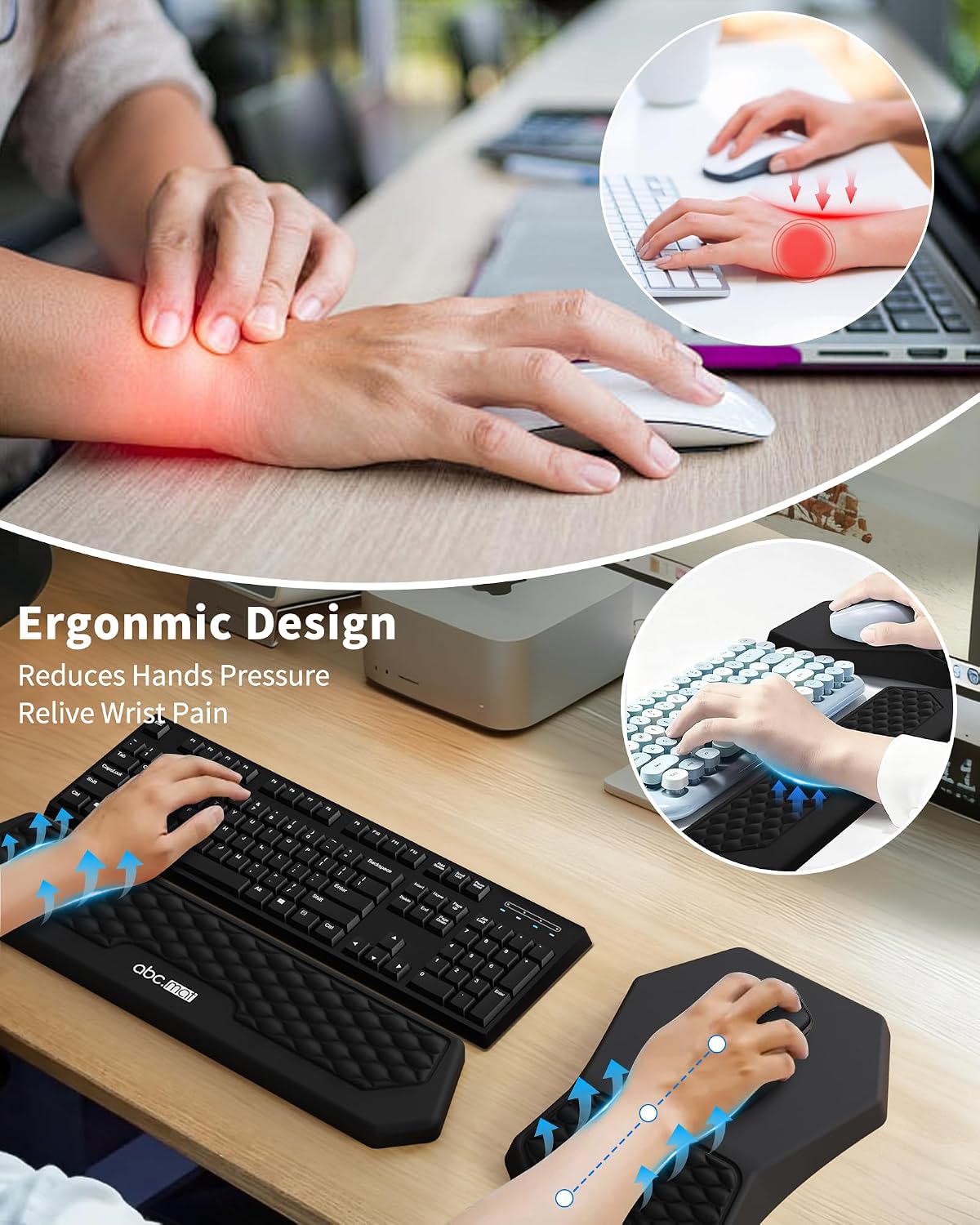 Ergonomic Mouse Pad Wrist Rest and Keyboard Wrist Rest Support Set | Massage Design Mousepad for Carpal Tunnel Pain
