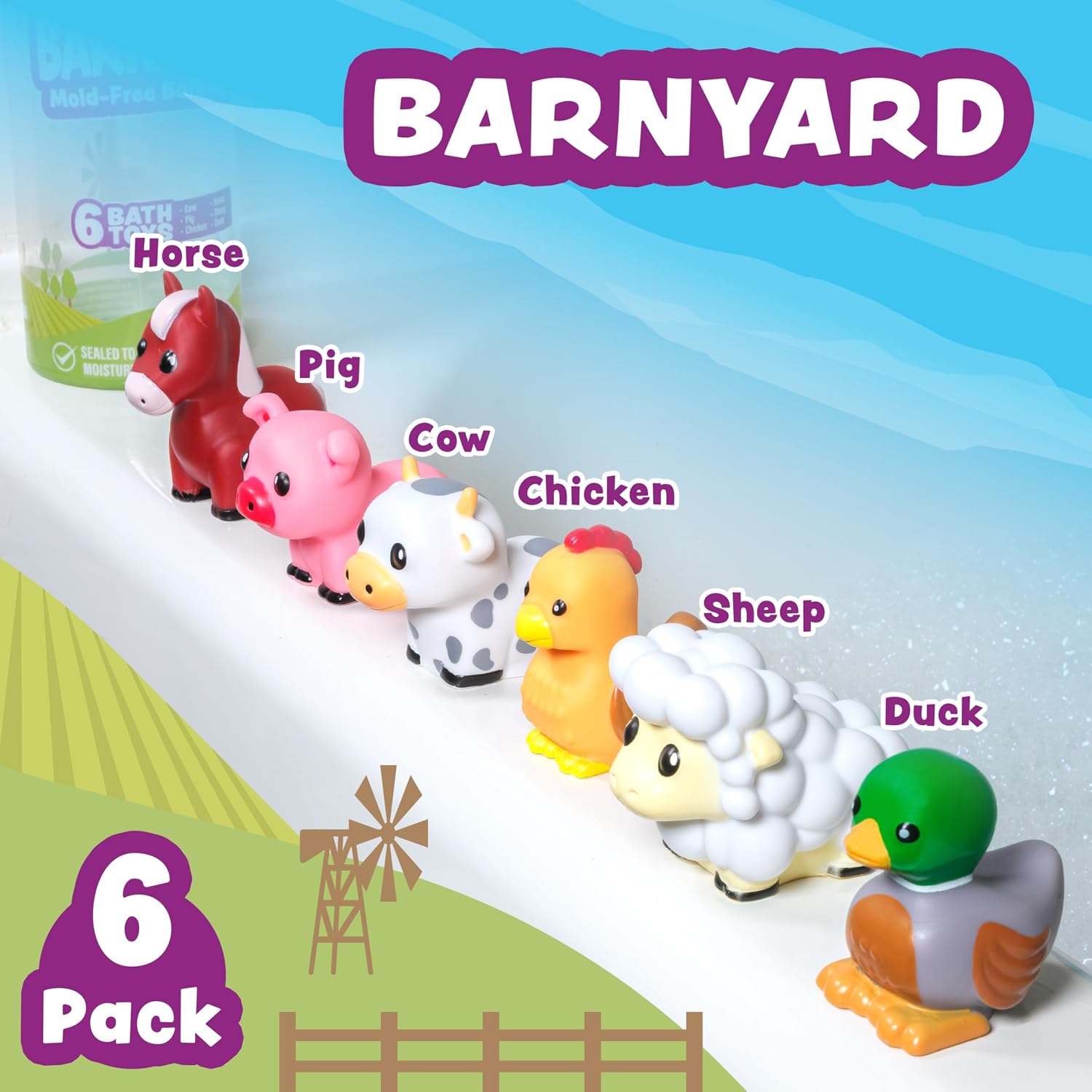 Barnyard Mold Free Bath Toys, 6 Pack | Sealed, No Hole Bath Toys Design Keeps Moisture Out | Soft, Squeezable & Float