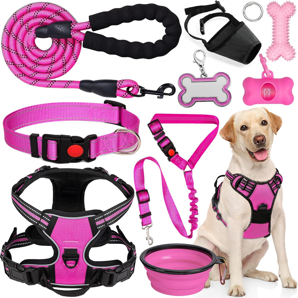 No Pull Dog Harness Adjustable Collar & Leash Set - Dog Halter Harnesses Collapsible Bowls & Poop Bag Dispenser