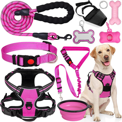No Pull Dog Harness Adjustable Collar & Leash Set - Dog Halter Harnesses Collapsible Bowls & Poop Bag Dispenser