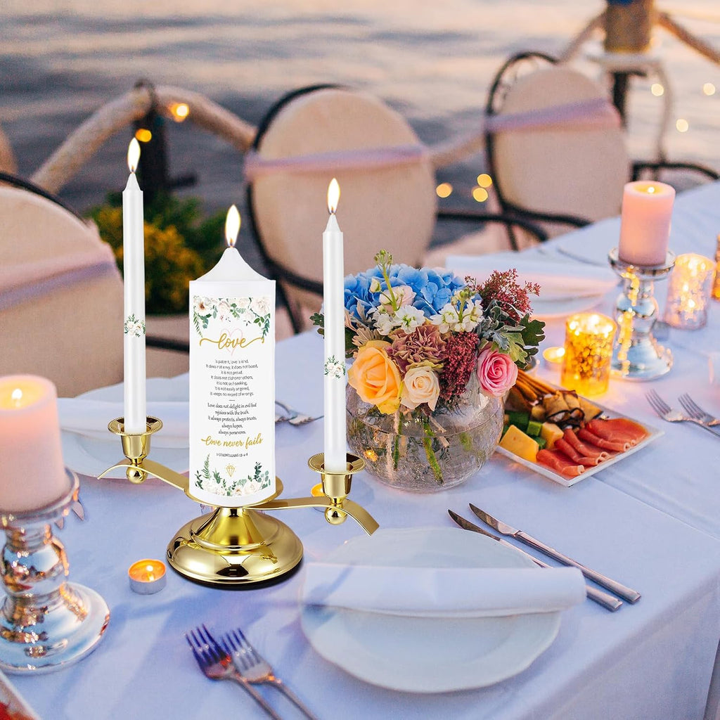 3 Unity Candles for Wedding Ceremony with Golden Stands White