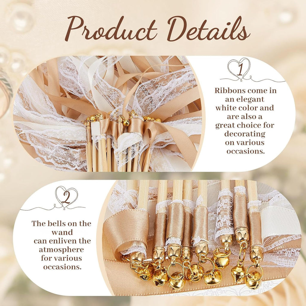 150 Pcs Lace Ribbon Stick Wands Wedding Wand Streamers with Bell Wedding Send Off Streamer(Champagne, Beige)