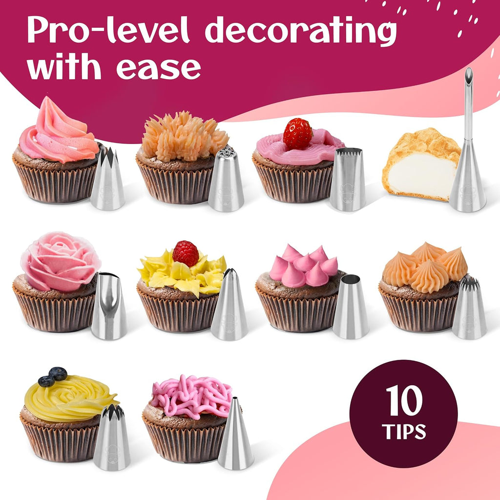 Cake Decorating Kit – Reusable 16" & 14" Cotton Piping Bags with 10 Large Stainless Steel Icing Tips – Durable