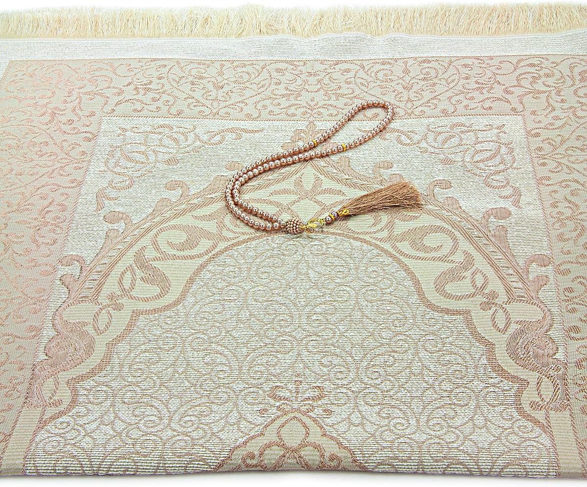Muslim Prayer Rug with 99 Beads Tasbih & Travel Bag, Soft Taffeta Sajadah, Lightweight & Foldable Janamaz, Portable