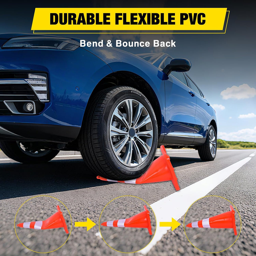 28 Inch PVC Traffic Safety Cones, 4-Pack | Flexible PVC Construction, With Reflective Collars, Ideal for Road Safety