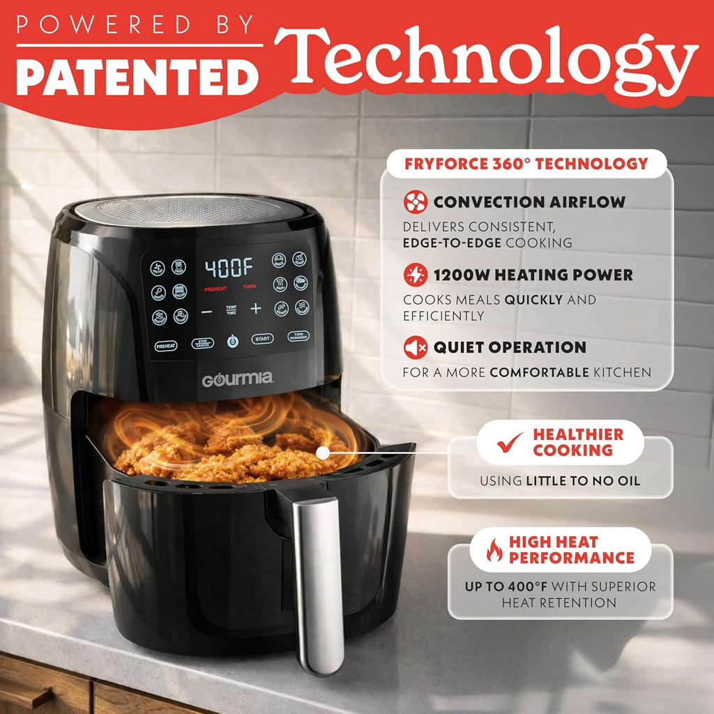 Air Fryer - 6 Qt Large Capacity, FryForce 360º, Digital Display with 12 Presets, Roast, Bake, Broil, Dehydrate