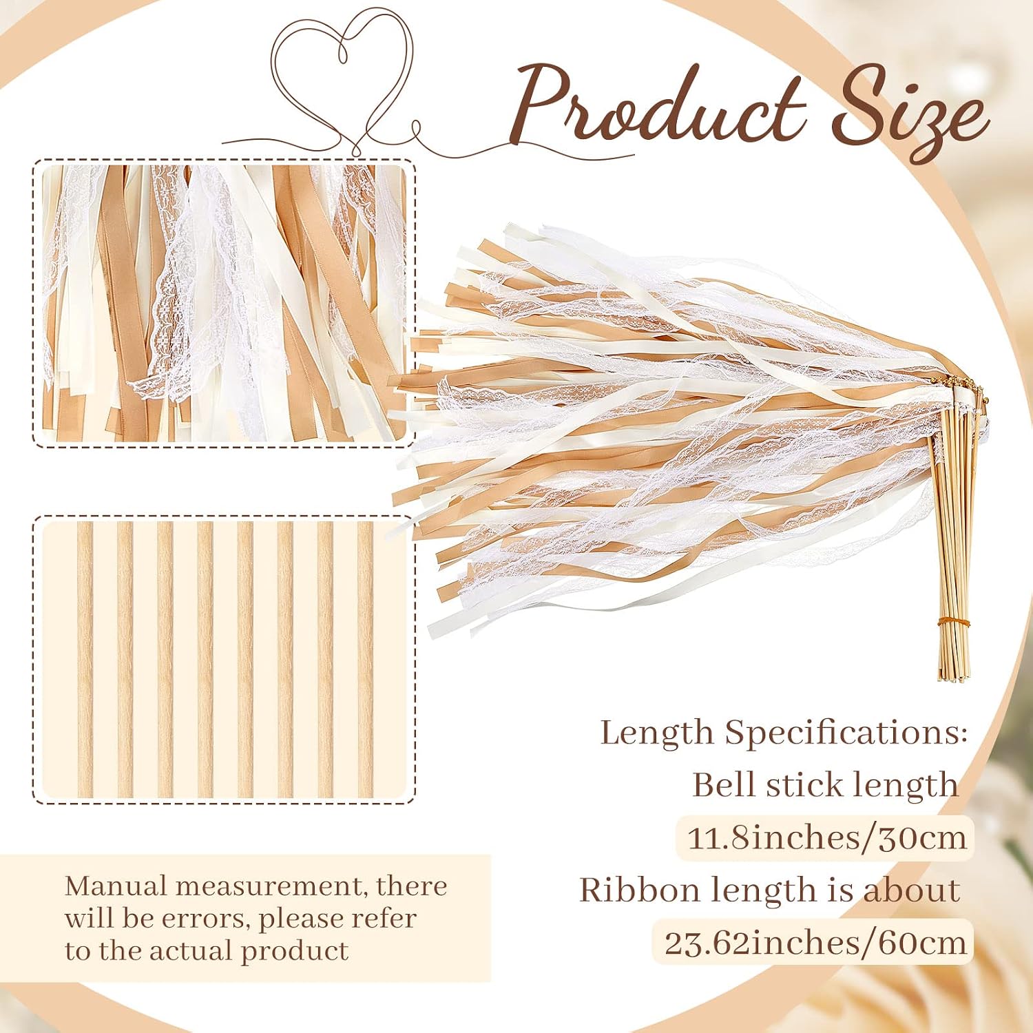 150 Pcs Lace Ribbon Stick Wands Wedding Wand Streamers with Bell Wedding Send Off Streamer(Champagne, Beige)