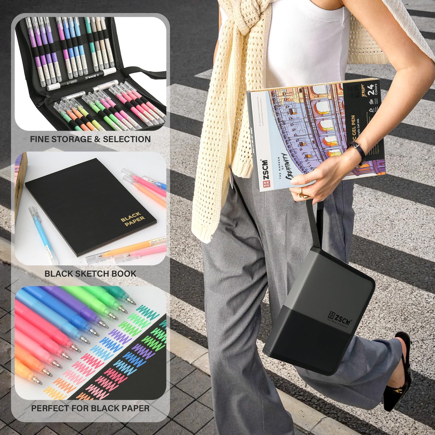 ZSCM 24 Colors 3D Acrylic Gel Pens & Black Paper Sketchbook for Drawing, 1mm Fine Point Acrylic Ink Pen, Opaque