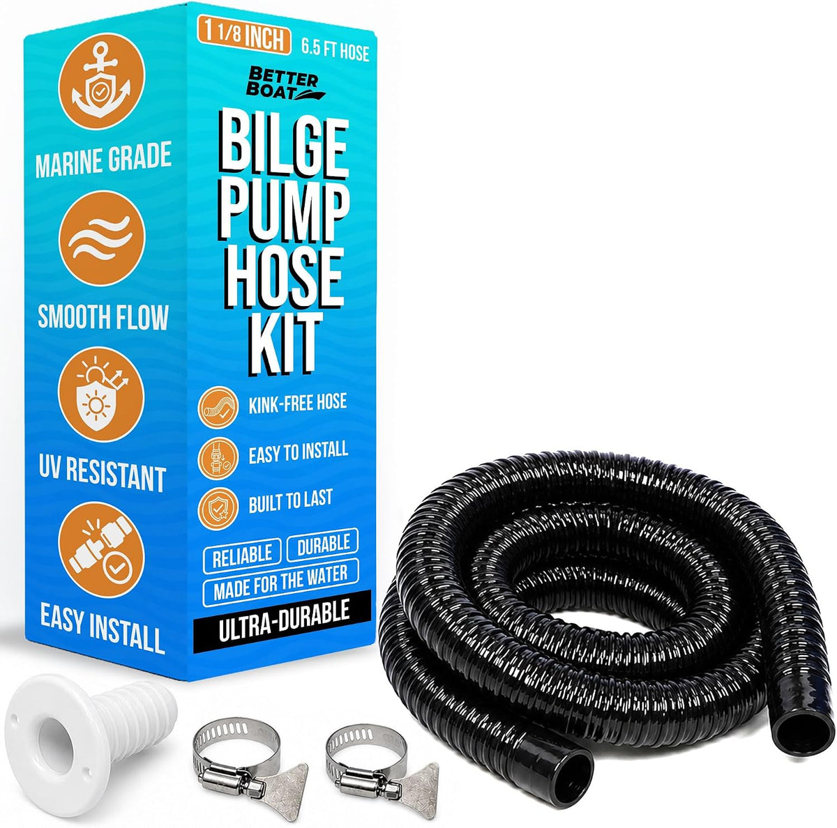1 1/8 Bilge Pump Hose Kit, Includes 6.5 Ft Hose, Thru Hull Discharge Outlet