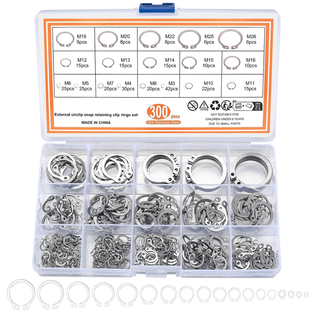 300 Pcs Retaining Ring Kit - Internal & External Snap Rings, 18 Sizes