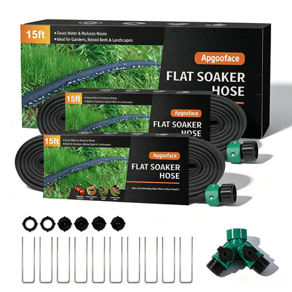 Flat Soaker Hose 15 ft 2-Pack with Splitter, 80% Water-Saving Drip Irrigation Hose, Linkable DIY Garden Soaker Hose