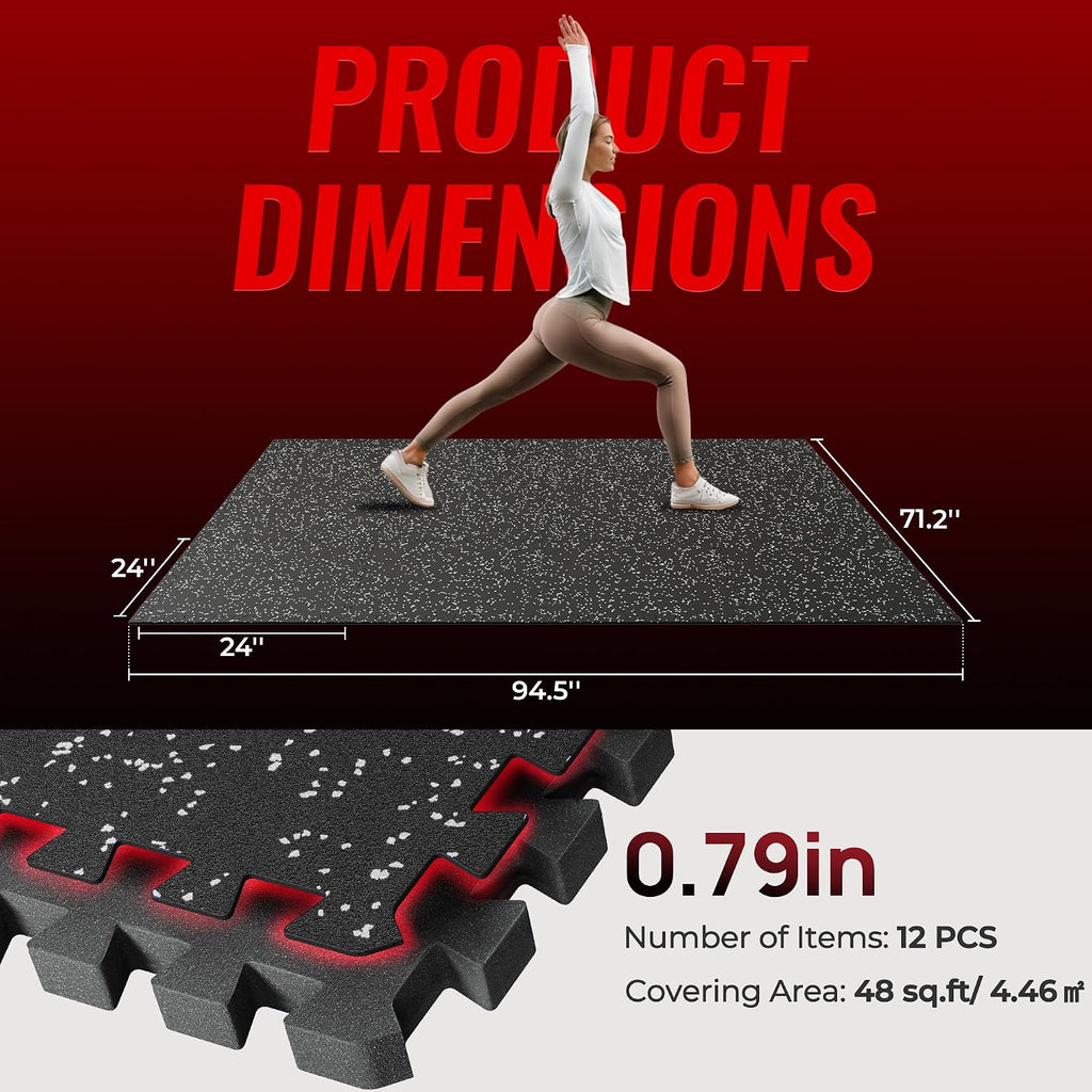 0.79'' Extra-Thick Exercise Equipment Mats, 12 Pcs 48 Sq Ft Rubber Top Floor Tiles with High Density EVA Foam