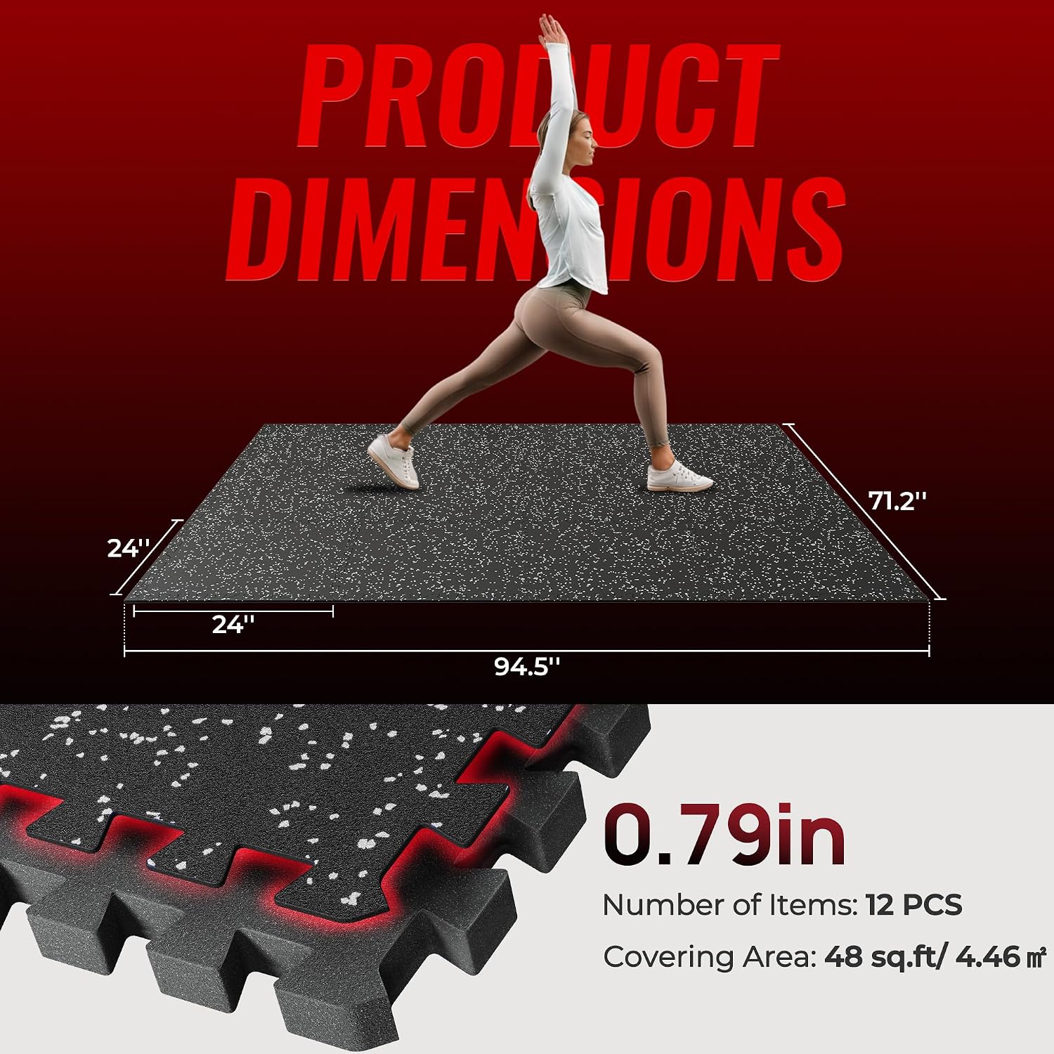 0.79'' Extra-Thick Exercise Equipment Mats, 12 Pcs 48 Sq Ft Rubber Top Floor Tiles with High Density EVA Foam