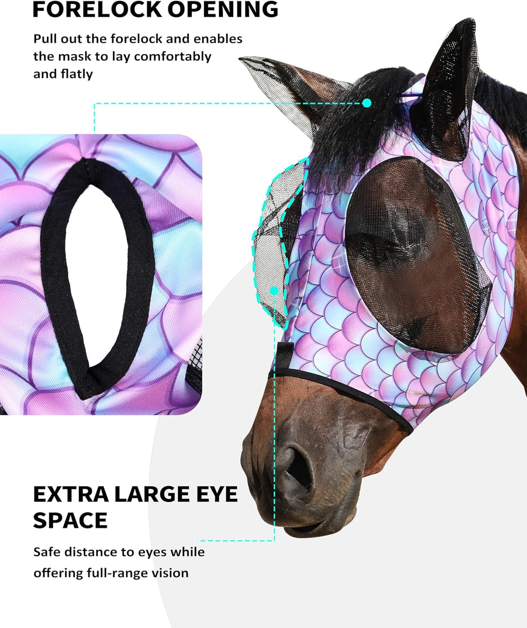 Stretch Fly Mask with Forelock Opening and Patterns Comfortable Breathable Snug Fitting Horse Fly Mask Fish Scale M