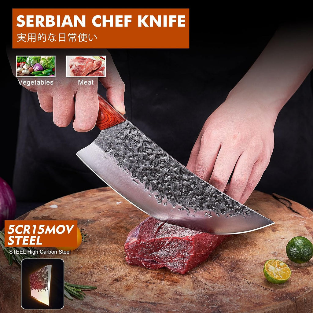 Professional Butcher Knife Set, Hand Forged Heavy Duty Meat Cleaver Serbian Chef Knife Viking Boning Knife 3PCS
