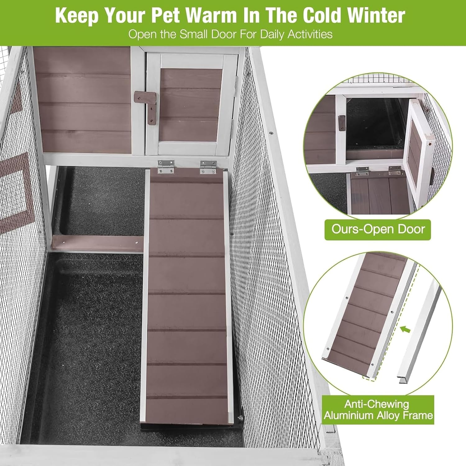 Rabbit Hutch with Chew-Resistant Ramp Indoor Bunny Cage Outdoor Guinea Pig Cage with Wheels and Leakproof Tray