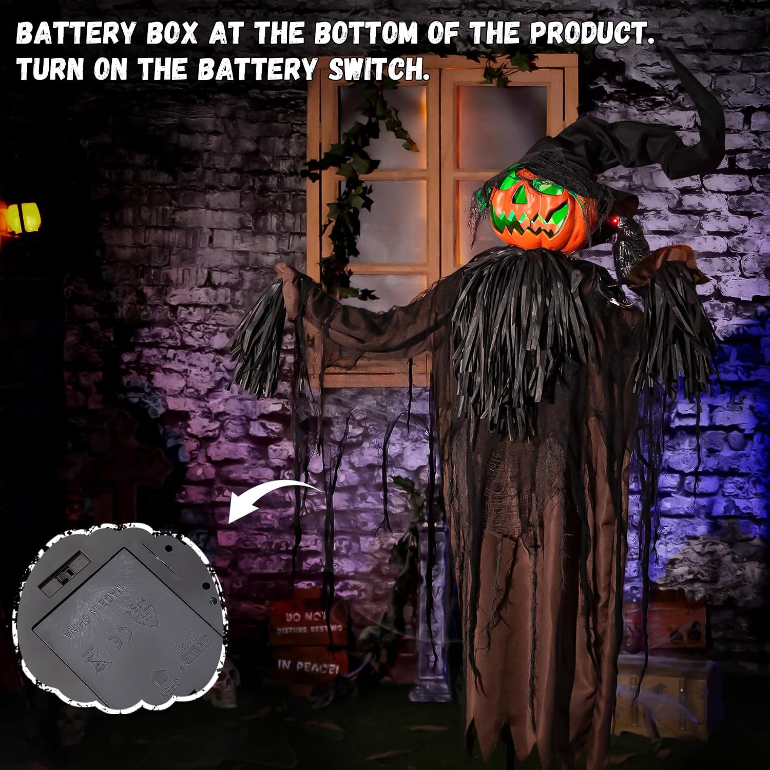 Halloween Animatronics Decorations, 5.5FT Animated Scarecrow with Pumpkin Head & Dynamic Crow, Sound Activated, Light
