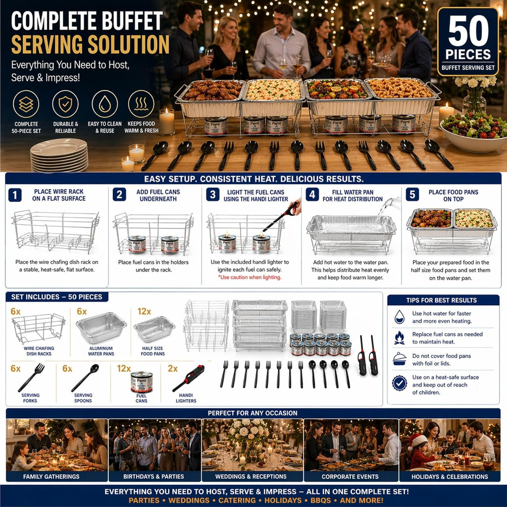 Chafing Dish Buffet Set Disposable | Buffet Servers and Warmers, Buffet Serving Kit | Includes Chafing Fuel, Wire