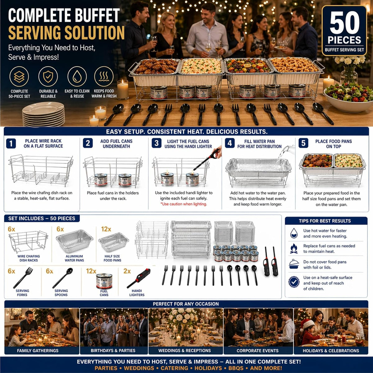 Chafing Dish Buffet Set Disposable | Buffet Servers and Warmers, Buffet Serving Kit | Includes Chafing Fuel, Wire