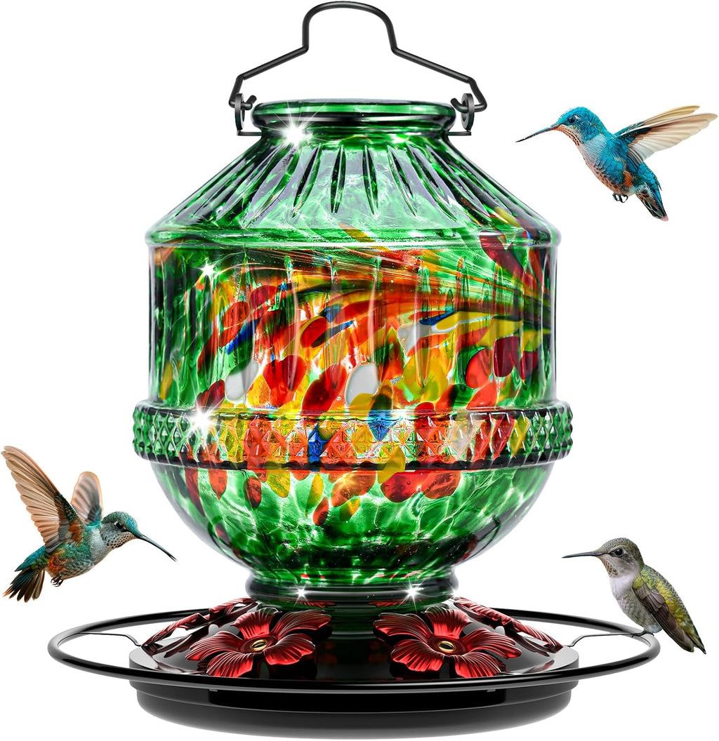 Hand Blown Glass Hummingbird Feeders for Outdoors, 25 Ounces Wild Bird Nectar Feeder with Perch & 5 Flower Feeding