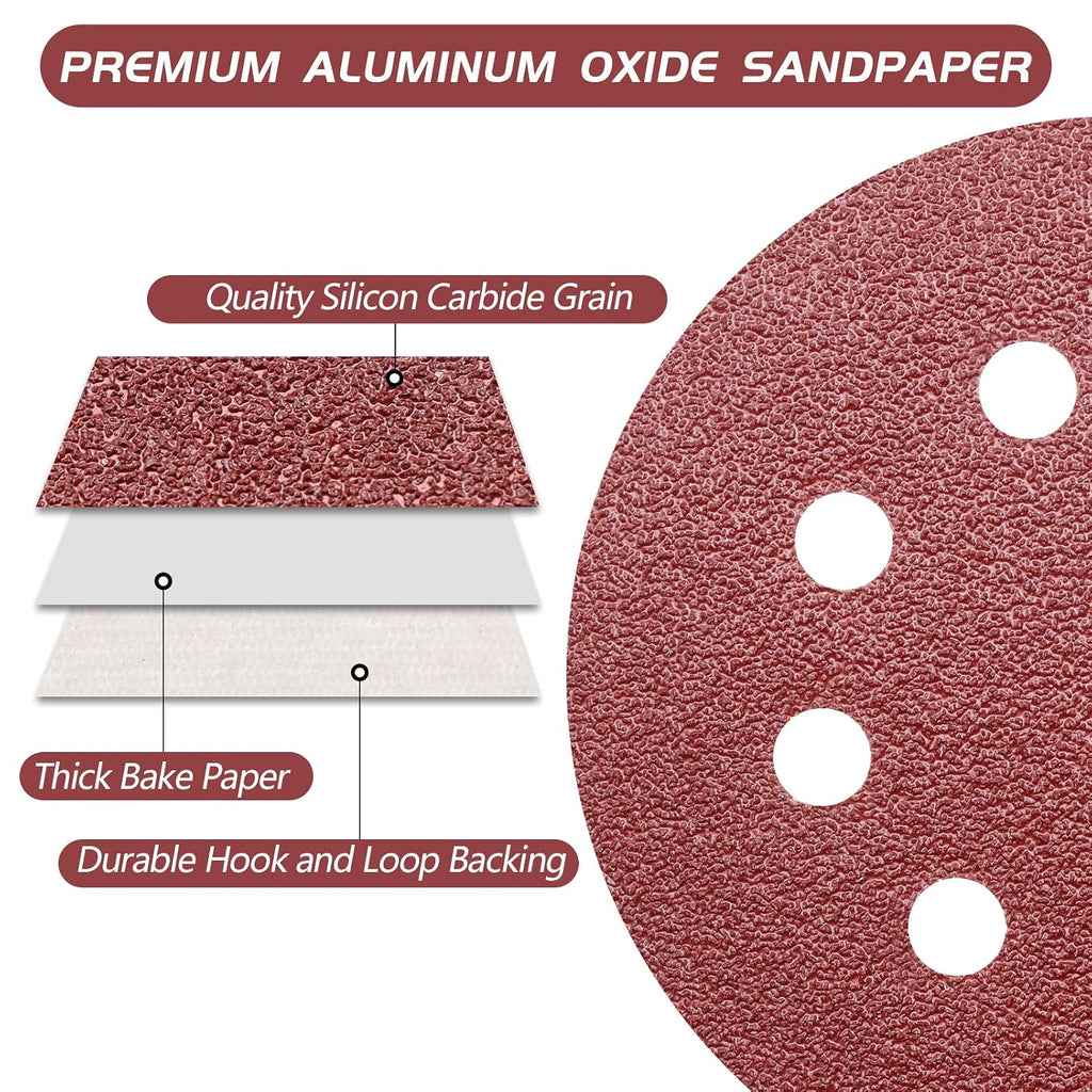 5 Inch 8 Hole Sanding Discs, 110PCS Mixed Grits Sandpaper Assortment | Aluminum Oxide, Hook and Loop Random Orbital