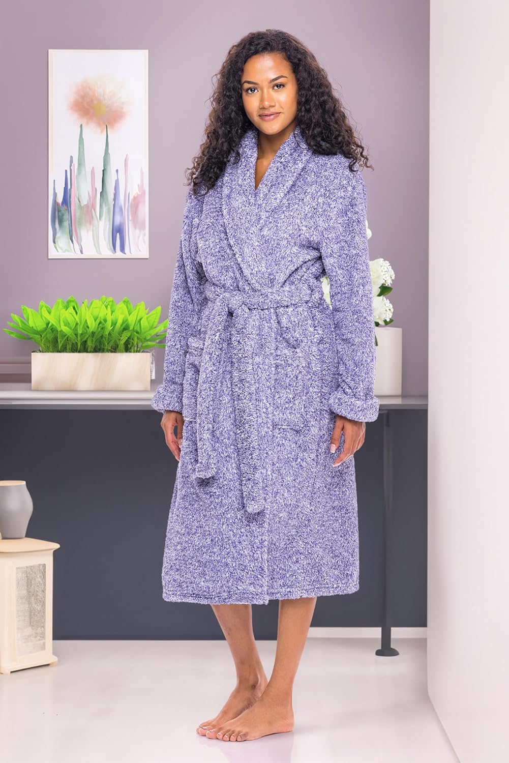 Women's Long Sleeve Plush Fleece Robe with Pockets, Bathrobe