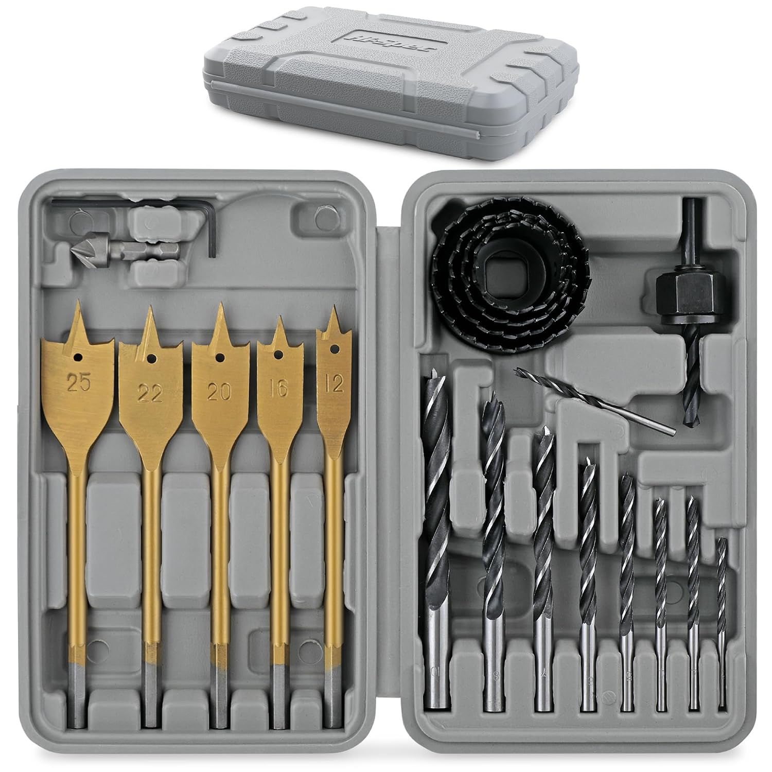 Wood Hole Saw, Brad Point and Spade Drill Bit Set with Case | 21pc, faster bit changes, labeled storage, cleaner