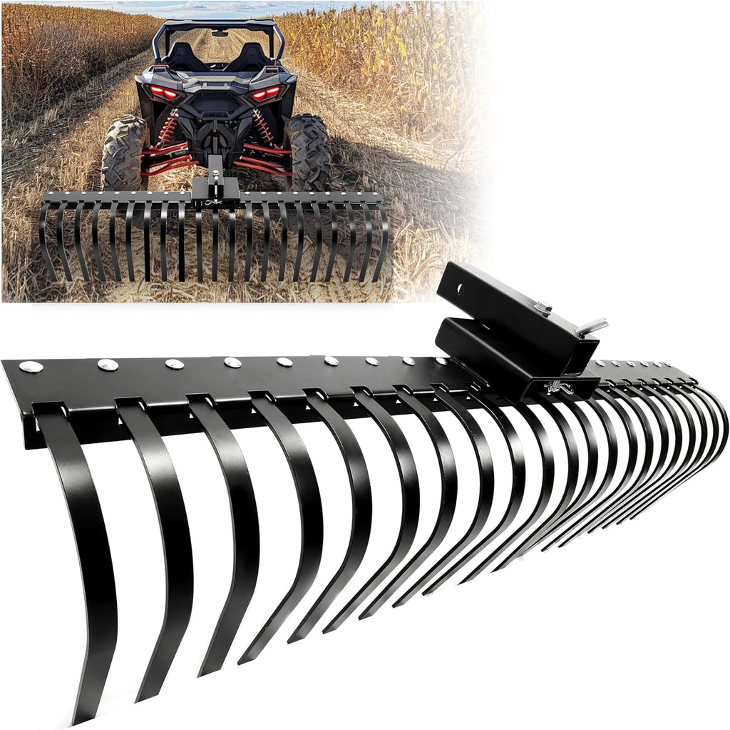 60 Inch Landscape Rake Pine Straw Rake Tractors Rake Fit for 2 Inch Receiver ATV UTV SxS Features 48" or 60"