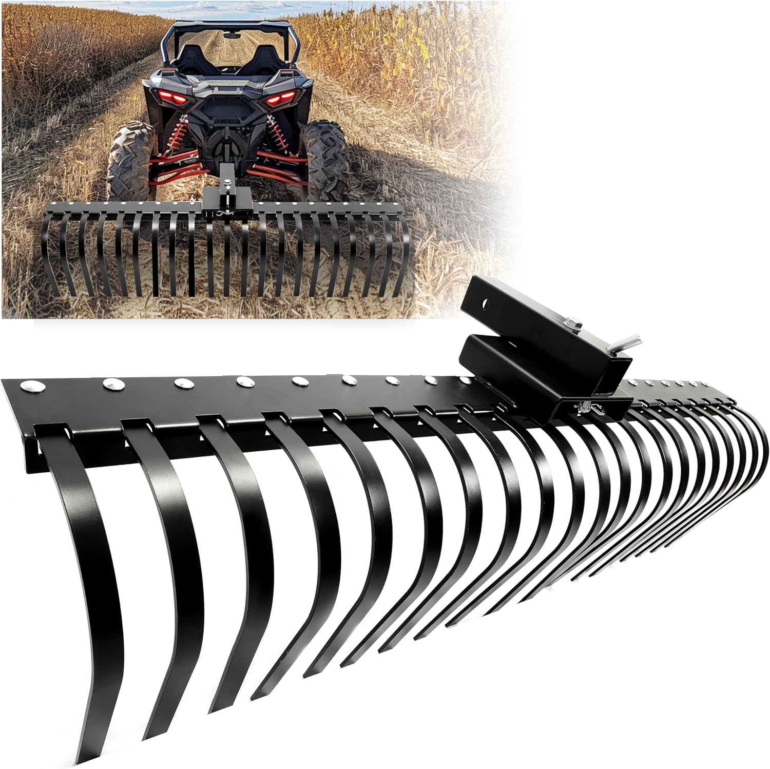 60 Inch Landscape Rake Pine Straw Rake Tractors Rake Fit for 2 Inch Receiver ATV UTV SxS Features 48" or 60"