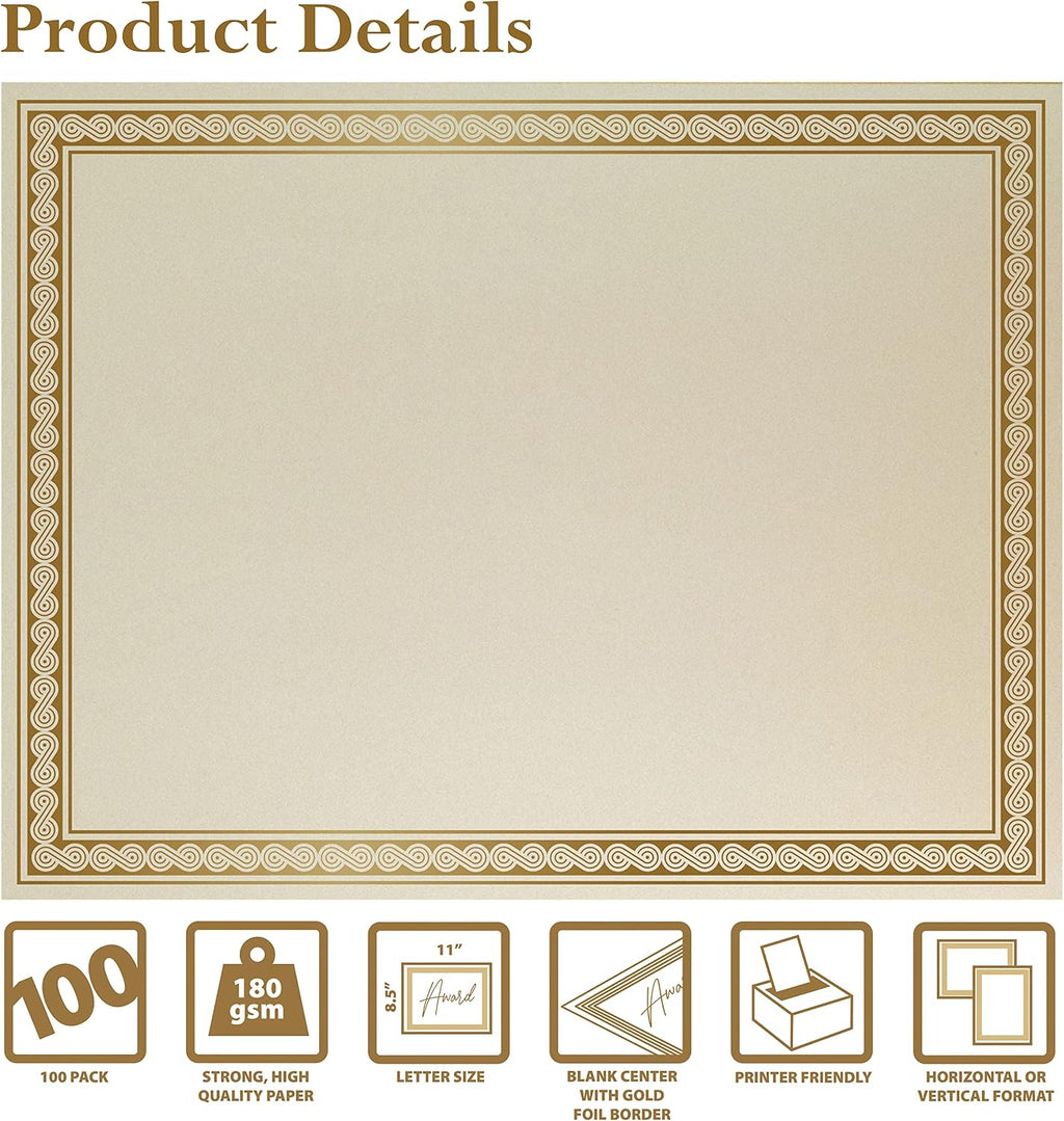 100 Sheet Award Certificate Paper, Gold Foil Metallic Border, Ivory Letter Size Blank Paper, Diploma Certificates