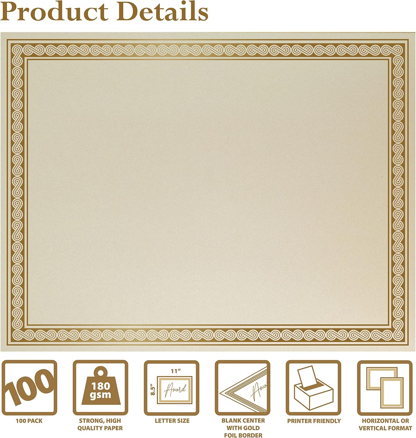 100 Sheet Award Certificate Paper, Gold Foil Metallic Border, Ivory Letter Size Blank Paper, Diploma Certificates