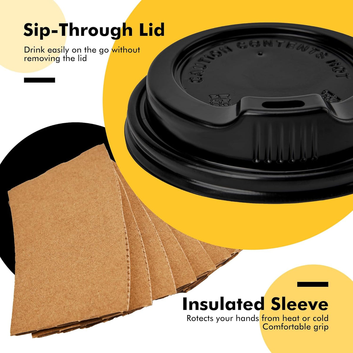 Coffee Cups with Lids 12 oz 100 Pack, Black Cups with Sleeves