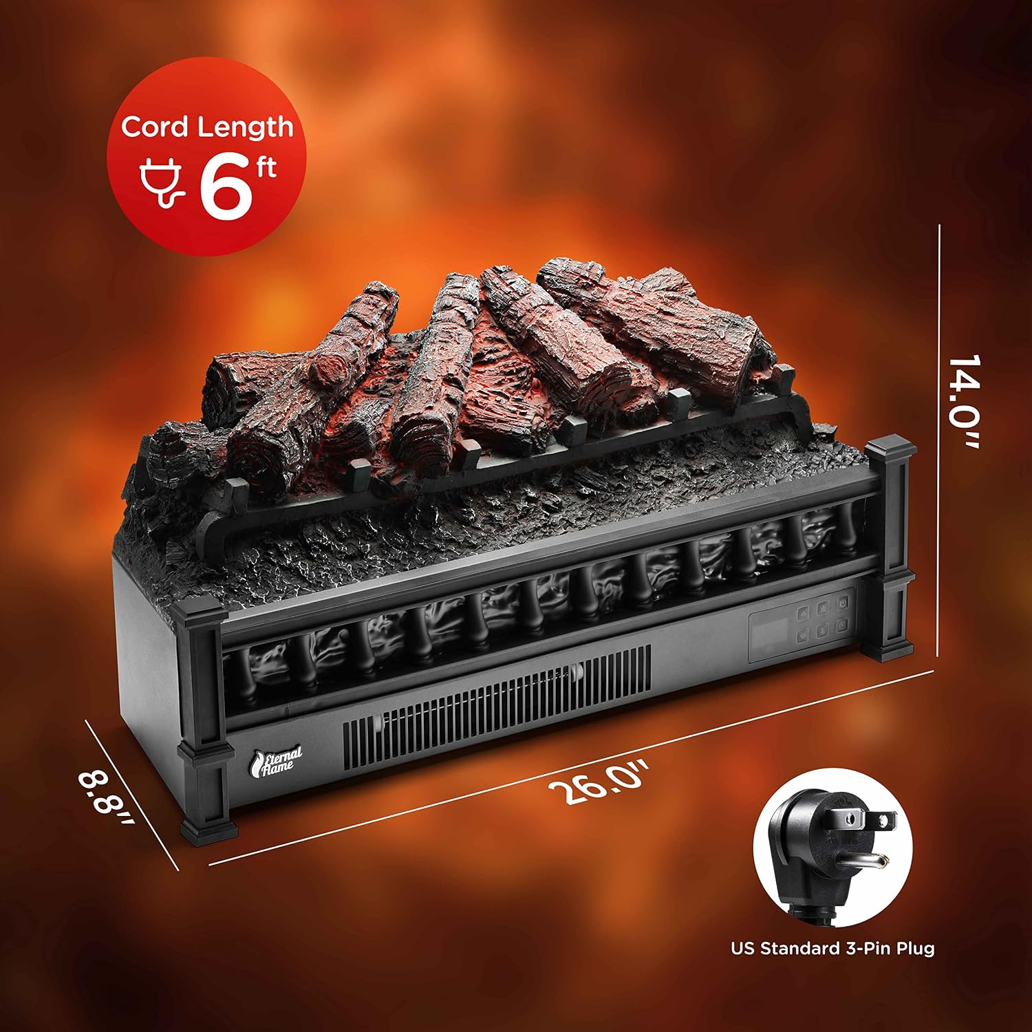 Eternal Flame 26-Inch Infrared Quartz Electric Fireplace Log Heater - Realistic Pinewood Logs, Adjustable Flame