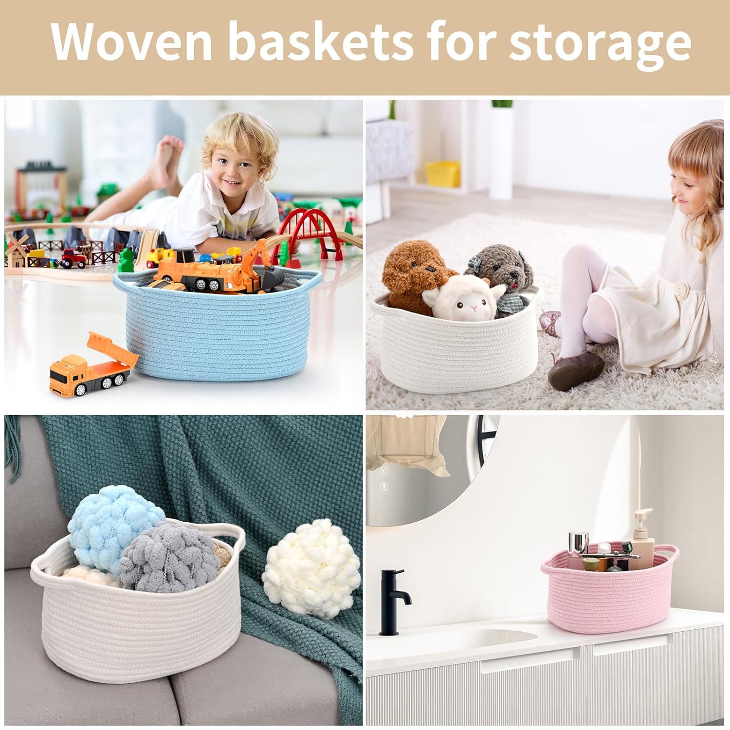 Medium Woven Cotton Rope Basket with Handle Empty Decorative Gift Basket for Baby Shower, Graduation, Father's Day