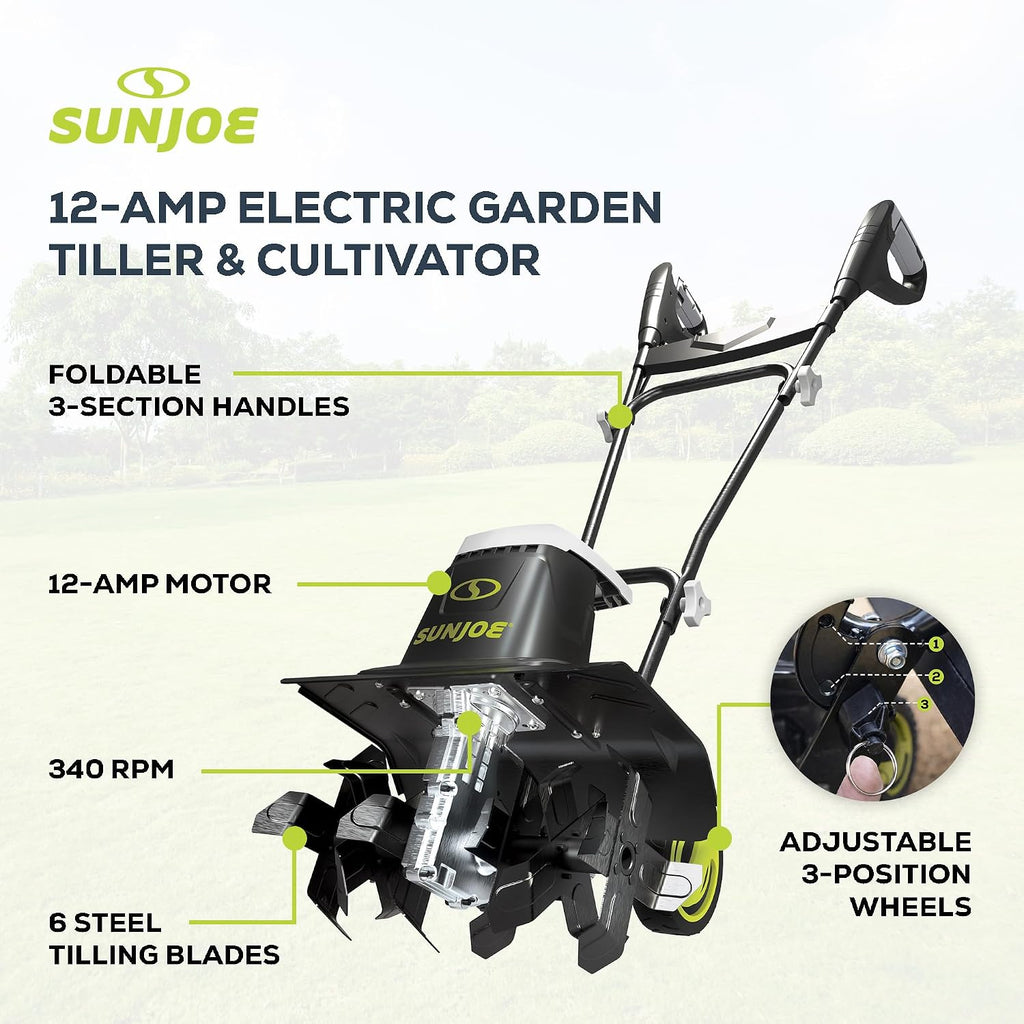 Corded Electric Garden Tiller & Cultivator with Steel Tines, 16 In, 12-Amp Motor - Heavy-Duty Tilling Machine and