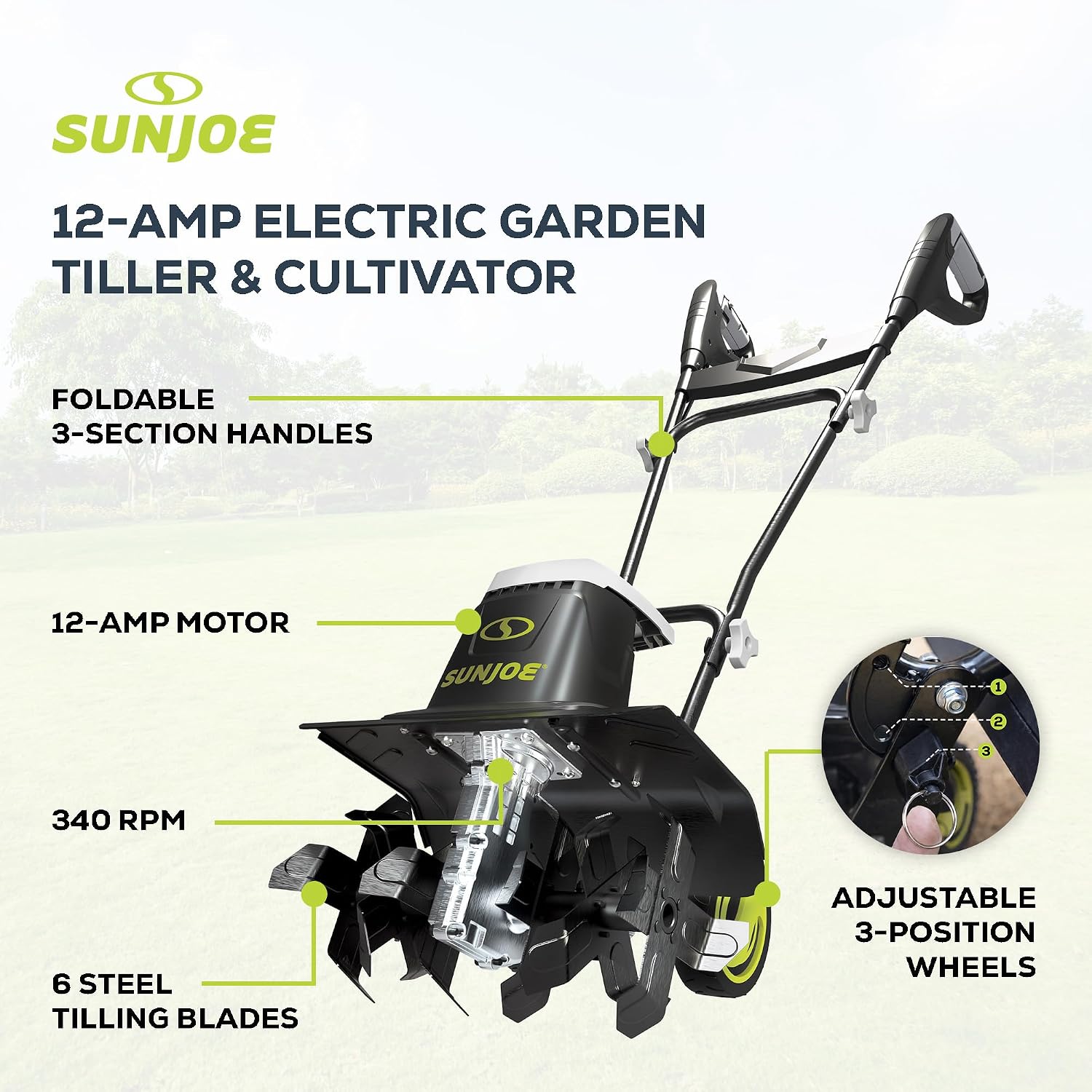 Corded Electric Garden Tiller & Cultivator with Steel Tines, 16 In, 12-Amp Motor - Heavy-Duty Tilling Machine and