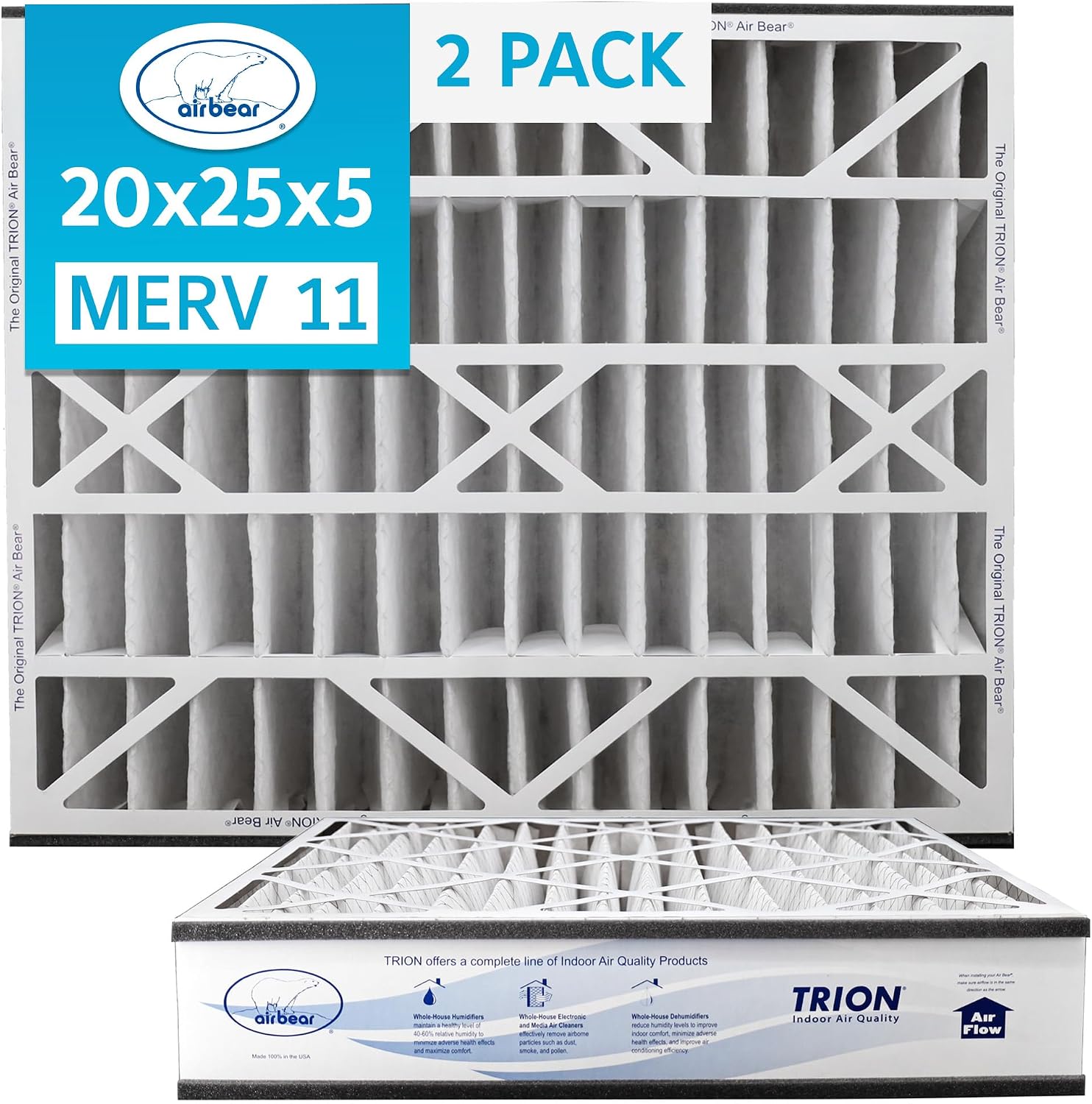 Air Bear 20x25x5 Air Filter MERV 11 (2-Pack) Pleated HVAC Air Filter Replacement (Actual Size: 19.75 x 24.25 x 4.9