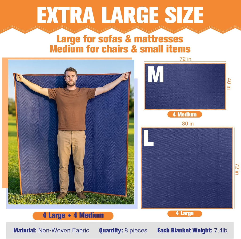 8 Pack Dual Size Heavy Duty Moving Blankets, Quilted Furniture Shipping Pads - 4 Medium(72"x40") + 4 Large (72"x80")